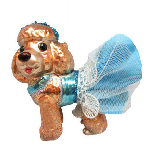 December Diamonds Poodle Dog in a Blue Dress Christmas Holiday Ornament Glass
