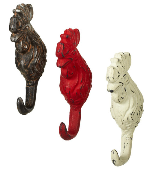 Midwest CBK Red Cream and Brown Rooster Single Wall Hooks Set of 3