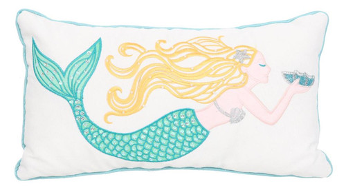 Teal and White Mermaid Accent Throw Pillow Embroidered 16 Inches