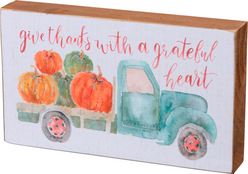 Give Thanks with a Grateful Heart Pickup Truck with Pumpkins Block Sign Wood