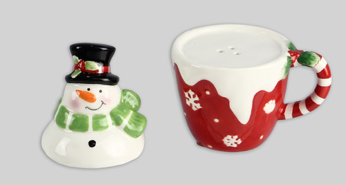 Melting Snowman Stacked on Cup Salt and Pepper Shaker Set Ceramic Melting Snowman Stacked on Cup Salt and Pepper Shaker Set Ceramic