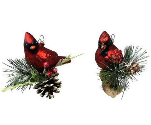 Red Cardinals Perched on Branches Christmas Holiday Ornaments Set of 2 Glass