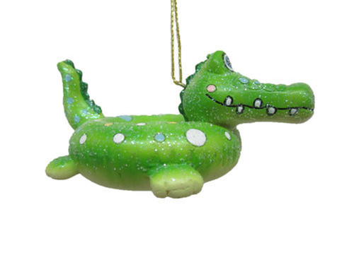 Glittery Crocodile Pool Floatie Christmas Holiday Ornament Resin