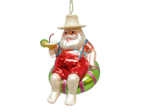 Santa Relaxing on Pool Float Christmas Holiday Ornament Glass