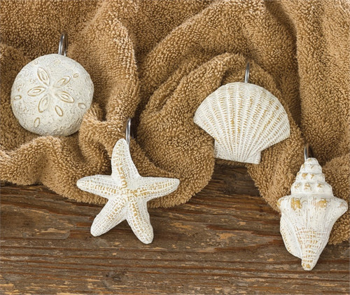 Beachy White Seashells Starfish Shower Curtain Hooks Set of 12