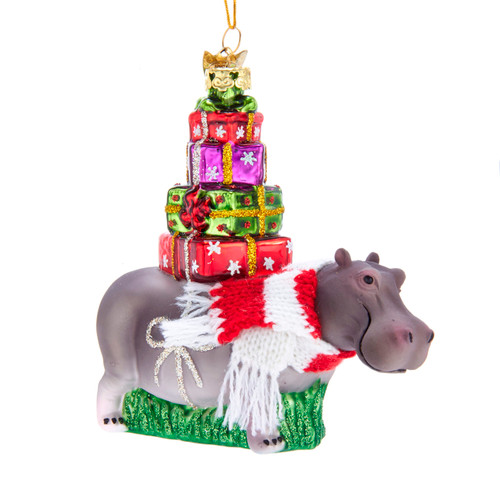 Noble Gems Hippo with Stack of Gifts Christmas Holiday Ornaments 4.5 Inches