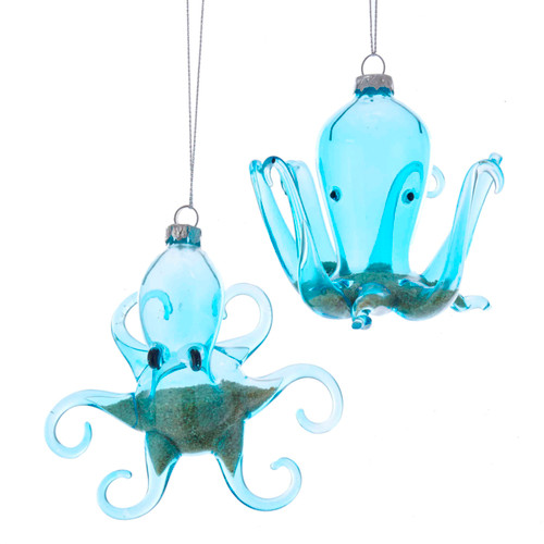 Kurt Adler Blue Octopus with Sand Holiday Ornaments Set of 2 Glass