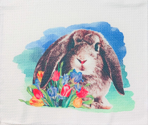 Baby Bunny in Spring Tulips Microfiber Waffle Weave Kitchen Dish Towel