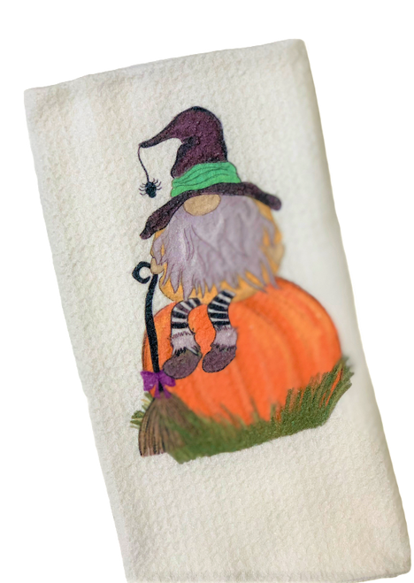 Gnome Witch on Pumpkin Halloween Microfiber Waffle Weave Kitchen Dish Towel