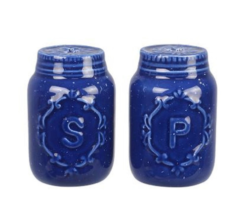 Blue Mason Jar Shaped Salt and Pepper Shakers Ceramic