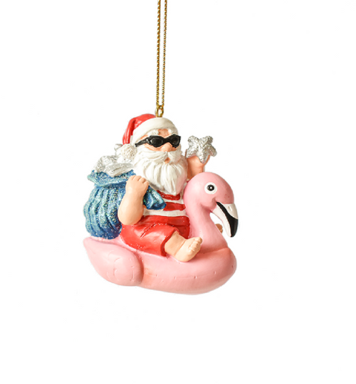 Santa Riding on Pink Flamingo Pool Float Christmas Holiday Ornament