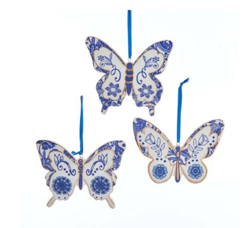 Indigo Blue and White Butterfly Christmas Holiday Porcelain Ornaments Set of 3
