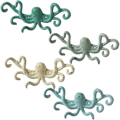 Coastal Teal Gray White Blue Octopus Wall Hooks Set of 4 Painted Cast Iron  - Mary B Decorative Art