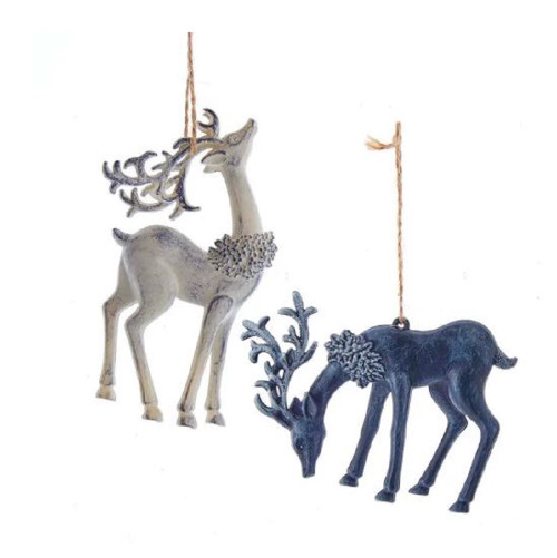 Blue and White Reindeer Christmas Holiday Ornaments Set of 2