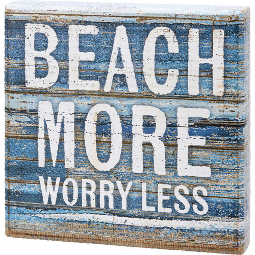 Beach More Worry Less Blue and White Block Wood Tier Tray Sign