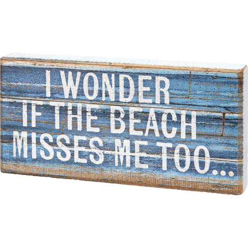 I Wonder if the Beach Misses Me Too Blue Block Wood Tier Tray Sign