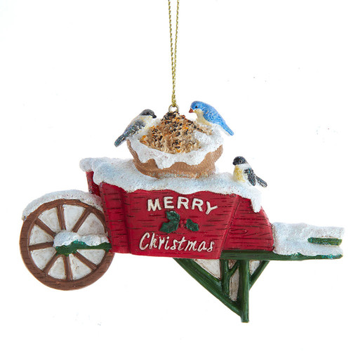 Backyard Birds Feeding on Snowy Wheelbarrow Christmas Holiday Ornament