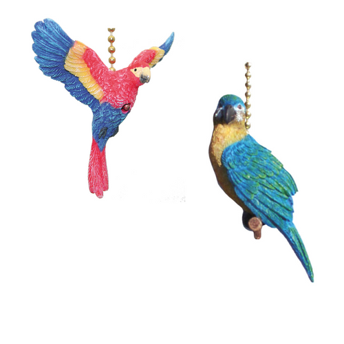 Tropical Red Parrot and Blue Macaw Ceiling Fan or Light Pulls Set of 2