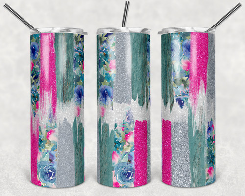 Pretty Floral Pink Teal Brush Strokes 20 Oz Skinny Tumbler w/Lid and Straw