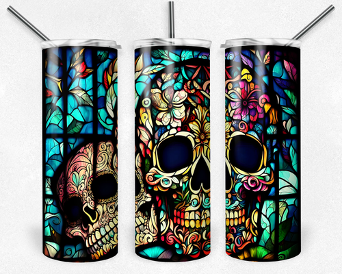 Sugar Skulls Faux Stained Glass Look 20 Oz Skinny Metal Tumbler w/Lid and Straw