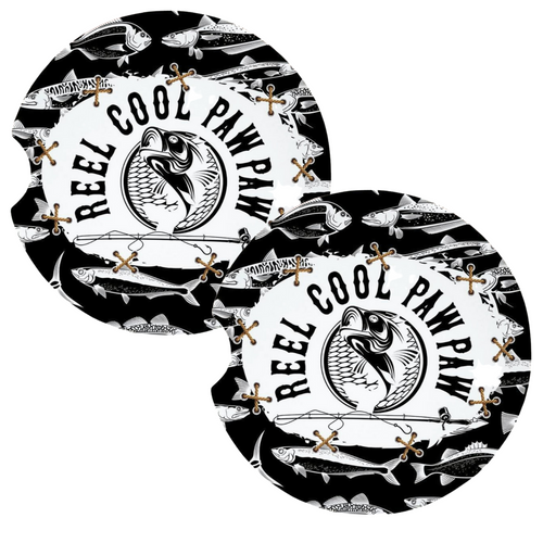 Reel Cool Pawpaw Fishing Black and White Coasters for Car Cup Holders Set of 2