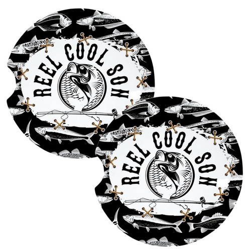 Reel Cool Son Black and White Fishing Coasters for Car Cup Holders Set of 2
