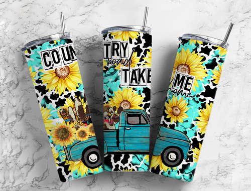 Country Road Truck Sunflowers Western 20 Oz Skinny Metal Tumbler w/Lid and Straw