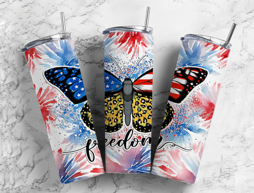 Butterfly Freedom Patriotic USA 20 Oz Skinny Metal Tumbler w/Lid and Straw