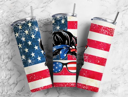 Messy Bun Mom Patriotic USA 20 Oz Skinny Metal Tumbler w/Lid and Straw