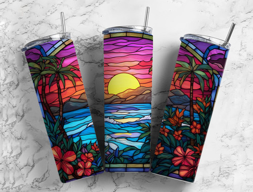 Palms and Hibiscus at Beach 20 Oz Skinny Metal Tumbler w/Lid and Straw