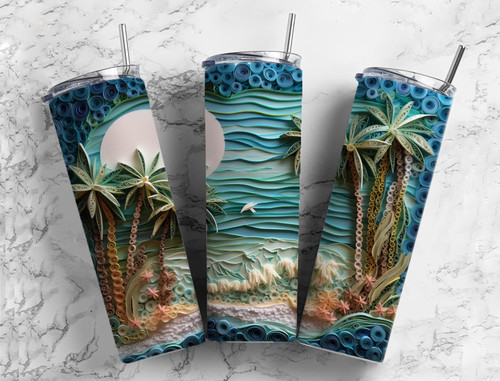 Palm Trees and Waves Please 20 Oz Skinny Metal Tumbler w/Lid and Straw