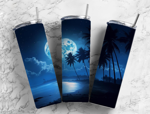 By Light of the Moon Palm Trees 20 Oz Skinny Metal Tumbler w/Lid and Straw