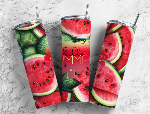 Hello Summer Juicy Red Watermelon 20 Oz Skinny Metal Tumbler w/Lid and Straw