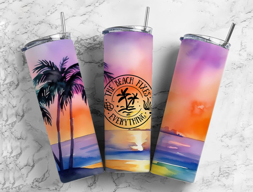 The Beach Fixes Everything 20 Oz Skinny Metal Tumbler w/Lid and Straw
