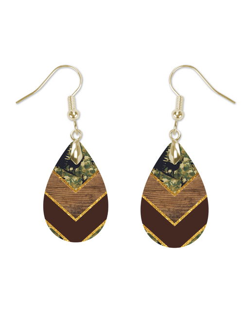 Brown and Green Camo Print Teardrop Earrings 1.5 Inch Dangle Pierced Ears