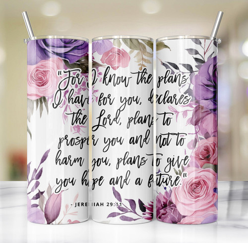 Plans for You Jeremiah 29:11 Roses 20 Oz Skinny Metal Tumbler w/Lid and Straw