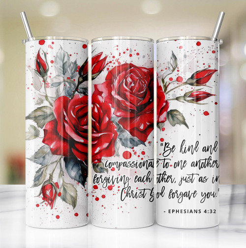 Kind and Compassionate Bible Verse 20 Oz Skinny Metal Tumbler w/Lid and Straw