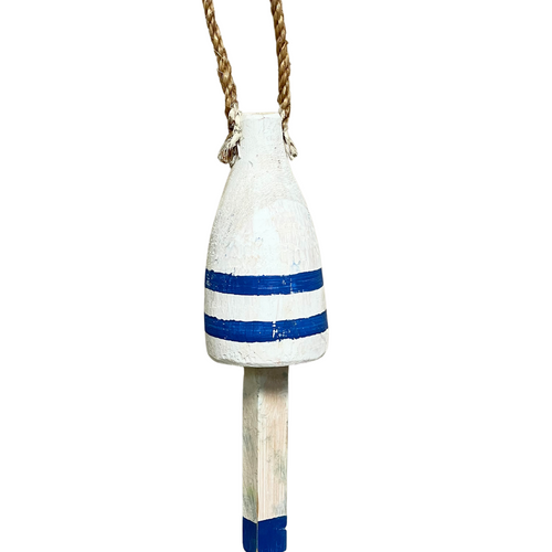 Blue and White Hand Painted Wooden Fishing Buoy with Jute Rope Hanger