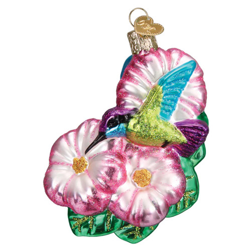 Magnificent Hummingbird in Pink Flowers Christmas Holiday Ornament Glass