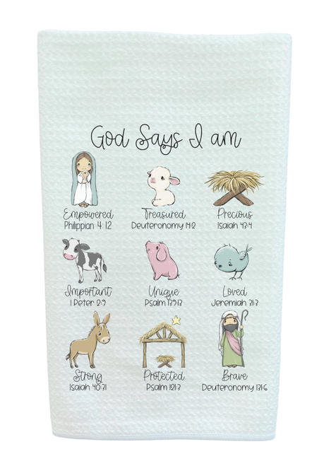 God Say I Am Empowered Treasured Christmas Nativity Waffle Weave Kitchen Towel