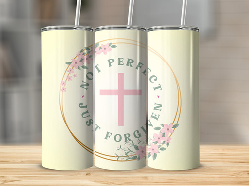 Not Perfect Just Forgiven Pink Cross 20 Oz Skinny Metal Tumbler w/Lid and Straw