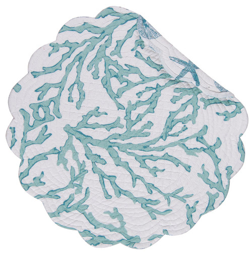 Coastal Cora Blue Teal Starfish Shells Quilted Reversible Placemats Set