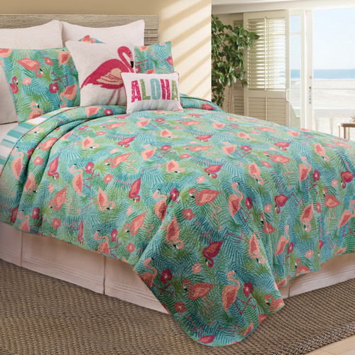 Isla Tropics Pink Flamingos Full Queen Quilted Bedding Three Piece Set