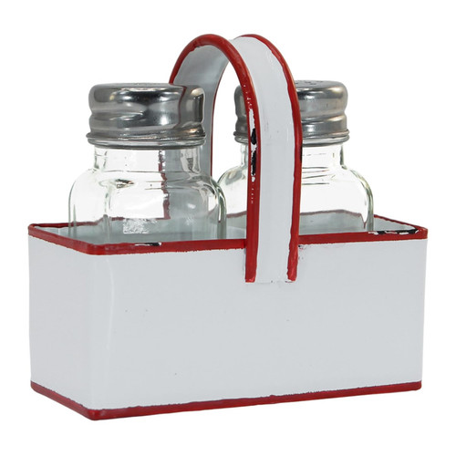 Farmhouse Style Salt and Pepper Shakers and Red Rim Enamel Caddy Set Mary B Decorative Art