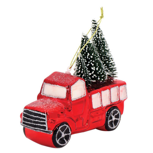 Red Pickup Truck With Trees Christmas Holiday Ornament Glass 4 5 Inches Mary B Decorative Art
