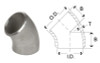 1/2 in. 45 Degree Elbow - SCH 80 - 316/316L Stainless Steel Butt Weld Pipe Fitting Dimensions Drawing