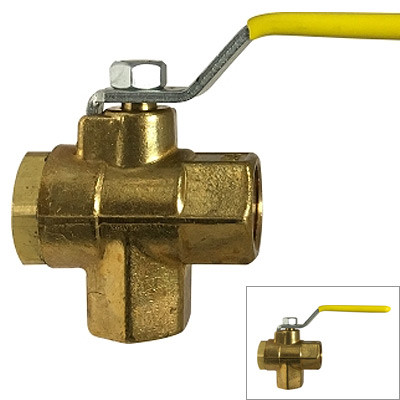 3/8" IPS 3 Way Ball Valve, Brass, Bottom Outlet