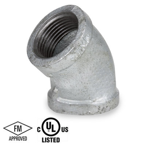 1 in. NPT Threaded - 45 Degree Elbow - 150# Malleable Iron Galvanized Pipe Fitting - UL/FM