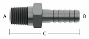 Barb to NPT - A=3/4 in. NPT, B=1/2 in. (13.51mm) Barb, C=1.23 in. (31.4mm) Length