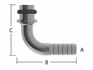 Shurflo 90 Degree Inlet - A=3/8 in. (9.96mm) Barb, B=1.63 in. (41.3mm) Length, C=2.12 in. (53.8mm) Height